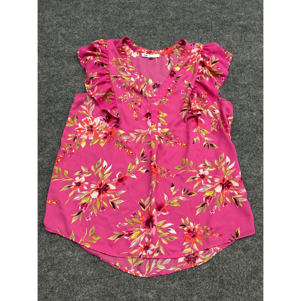 DR2 Women's Floral Pink Ruffle Sleeve V Neck Blouse Top Size M